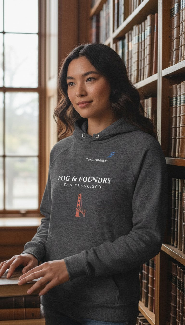 Woman wearing a charcoal grey Fog & Foundry organic cotton raglan hoodie with a San Francisco bridge graphic in a library