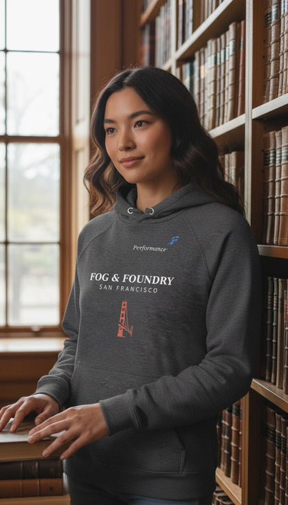 Woman wearing a charcoal grey Fog & Foundry organic cotton raglan hoodie with a San Francisco bridge graphic in a library