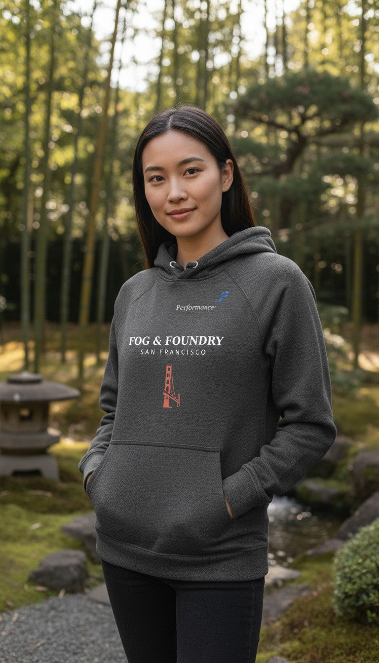 Woman wearing a charcoal grey Fog & Foundry organic cotton raglan hoodie with a graphic print in a bamboo garden.
