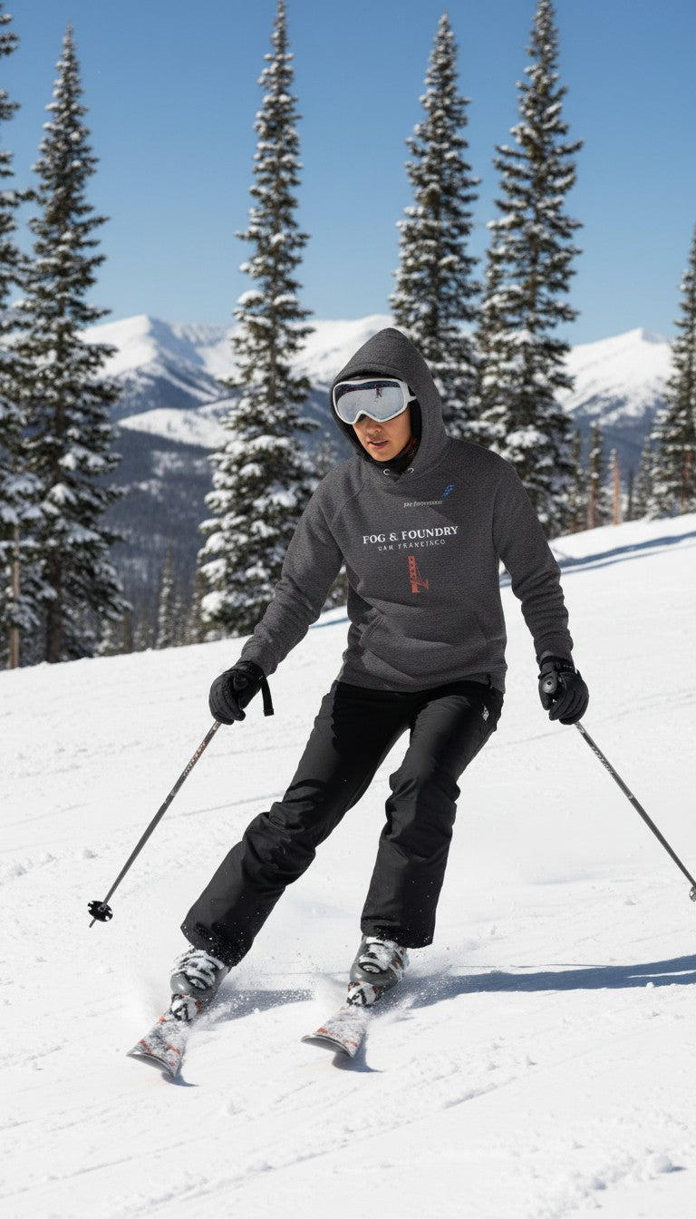 Fog & Foundry organic cotton raglan hoodie in charcoal grey worn by a skier on a snowy mountain slope
