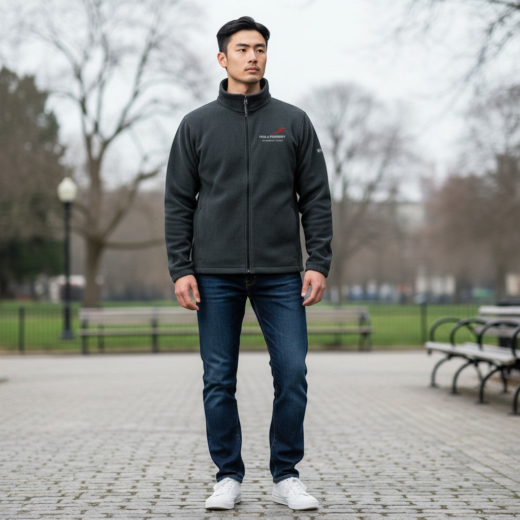 Man wearing a Fog & Foundry dark grey Columbia fleece jacket with a full-zip front, standing in a park.