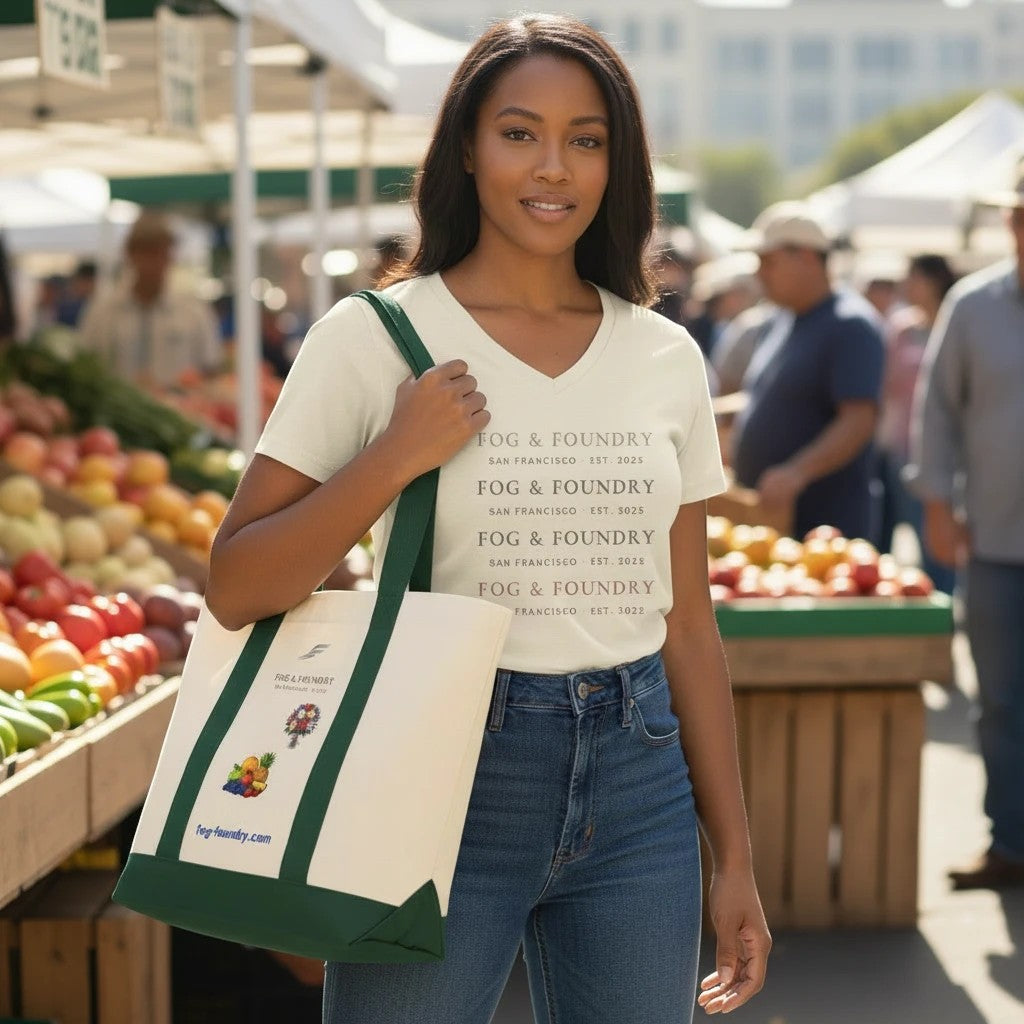 Woman carrying a Fog & Foundry heavyweight cotton twill tote bag with a green canvas base at a sunny farmers market.