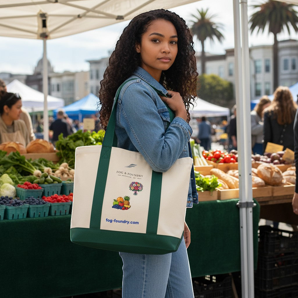 A woman carrying a Fog & Foundry heavyweight cotton twill tote bag with a green canvas bottom at a farmers market.