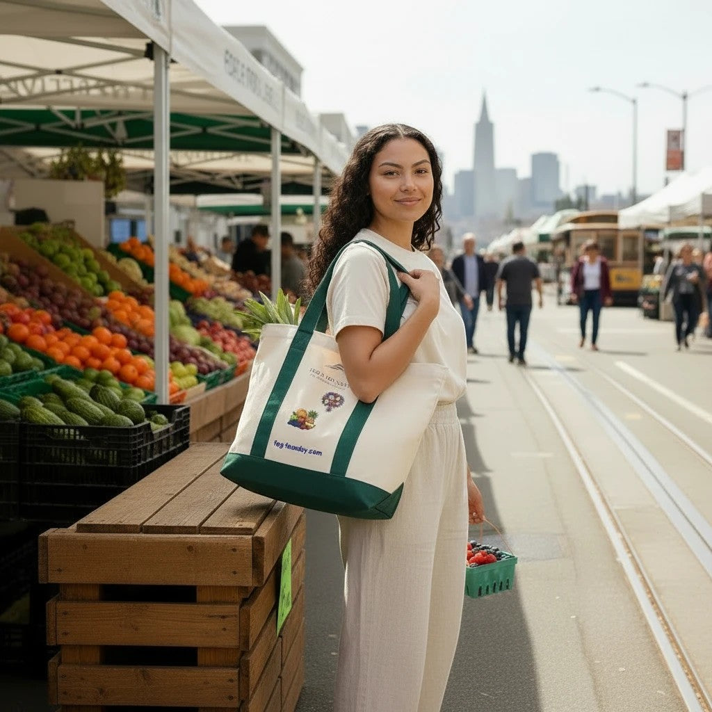 Woman carrying a Fog & Foundry heavyweight cotton twill tote bag with a green canvas base at an outdoor market.