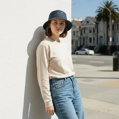 Fog & Foundry cotton twill bucket hat in gray worn by a woman leaning against a white wall on a city street.
