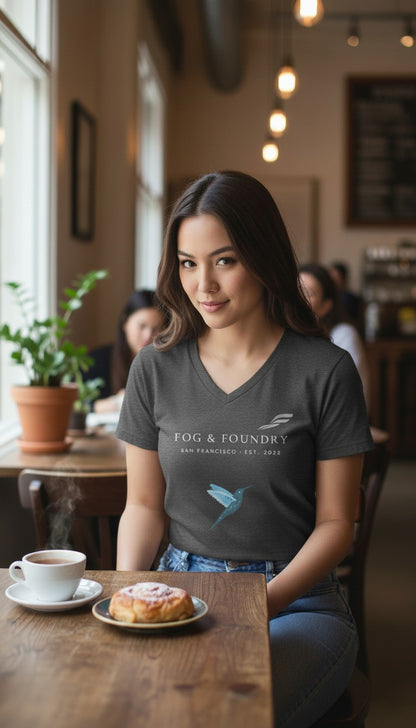 Woman wearing a Fog & Foundry gray cotton v-neck t-shirt with a hummingbird graphic in a cozy cafe setting.