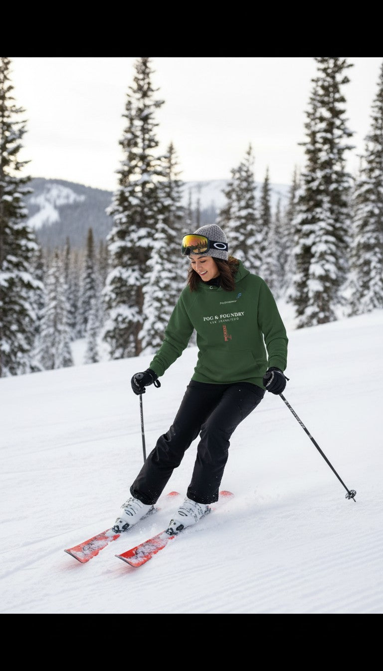Woman skiing in a green Fog & Foundry organic cotton raglan hoodie with white logo on a snowy mountain slope