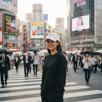 Woman wearing a white Fog & Foundry Japan Cap with a curved visor in a busy Tokyo crosswalk