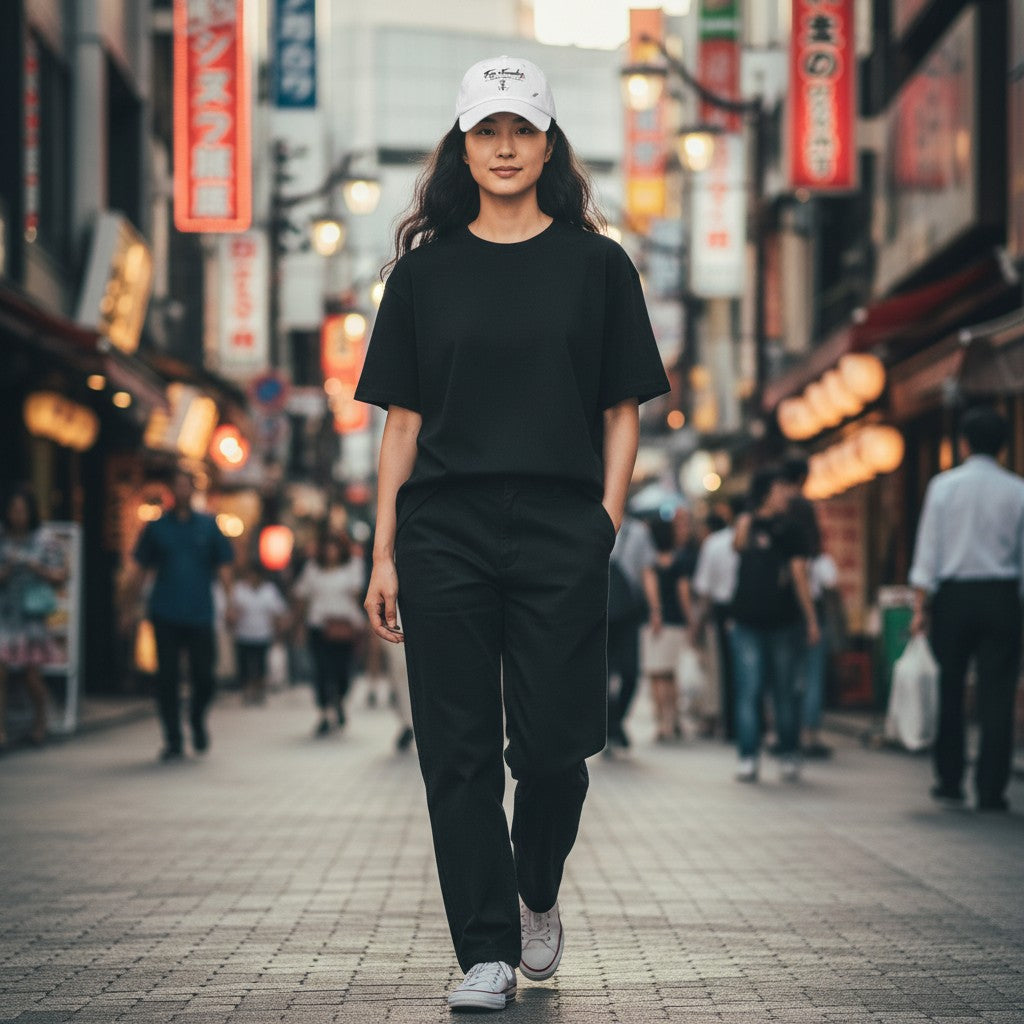 Woman wearing a white Fog & Foundry Japan cap with a black t-shirt and trousers walking on a busy Japanese street.