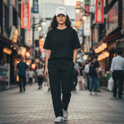 Woman wearing a white Fog & Foundry Japan cap with a black t-shirt and trousers walking on a busy Japanese street.