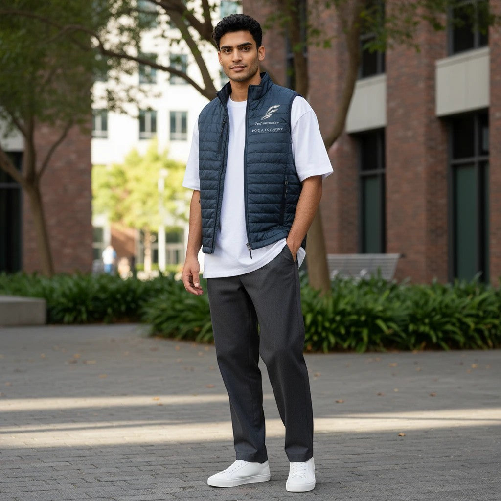 A man wearing a navy blue Fog & Foundry quilted polyfill Marina Vest over a white t-shirt and grey trousers outdoors.