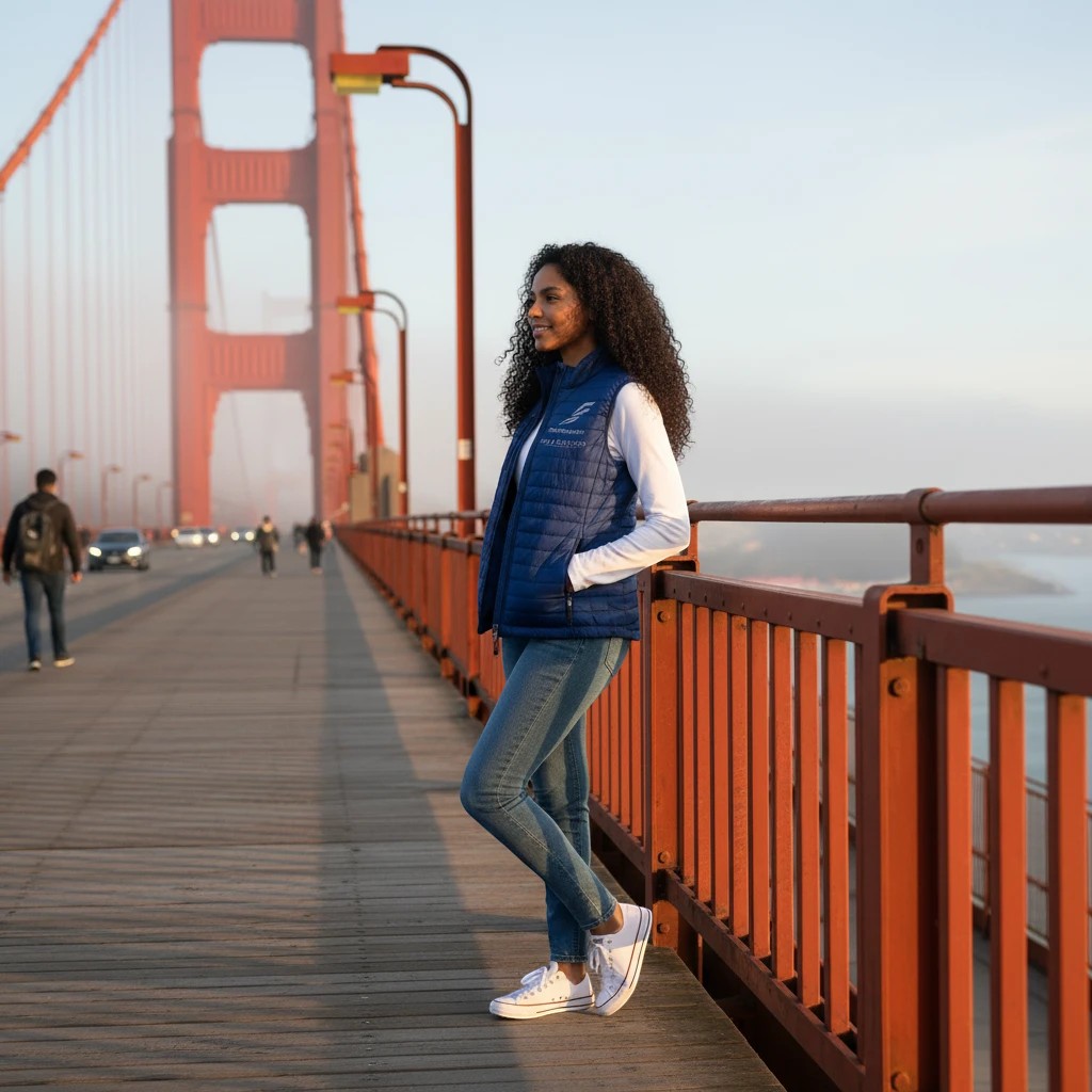 A woman wearing a blue Fog & Foundry quilted Marina Vest over a white long-sleeve shirt on the Golden Gate Bridge.