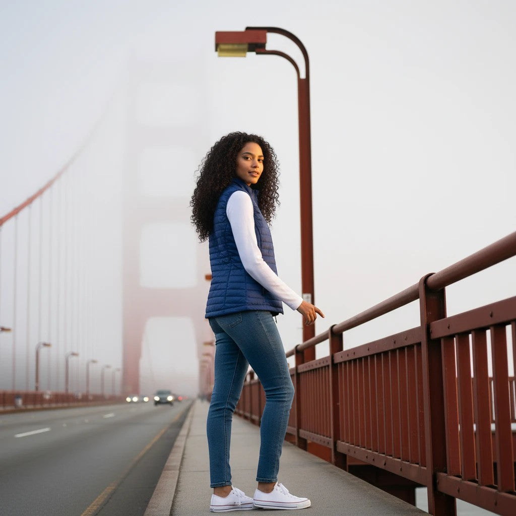 A woman wearing a Fog & Foundry blue quilted polyfill Marina Vest on a foggy bridge with a hummingbird logo detail.
