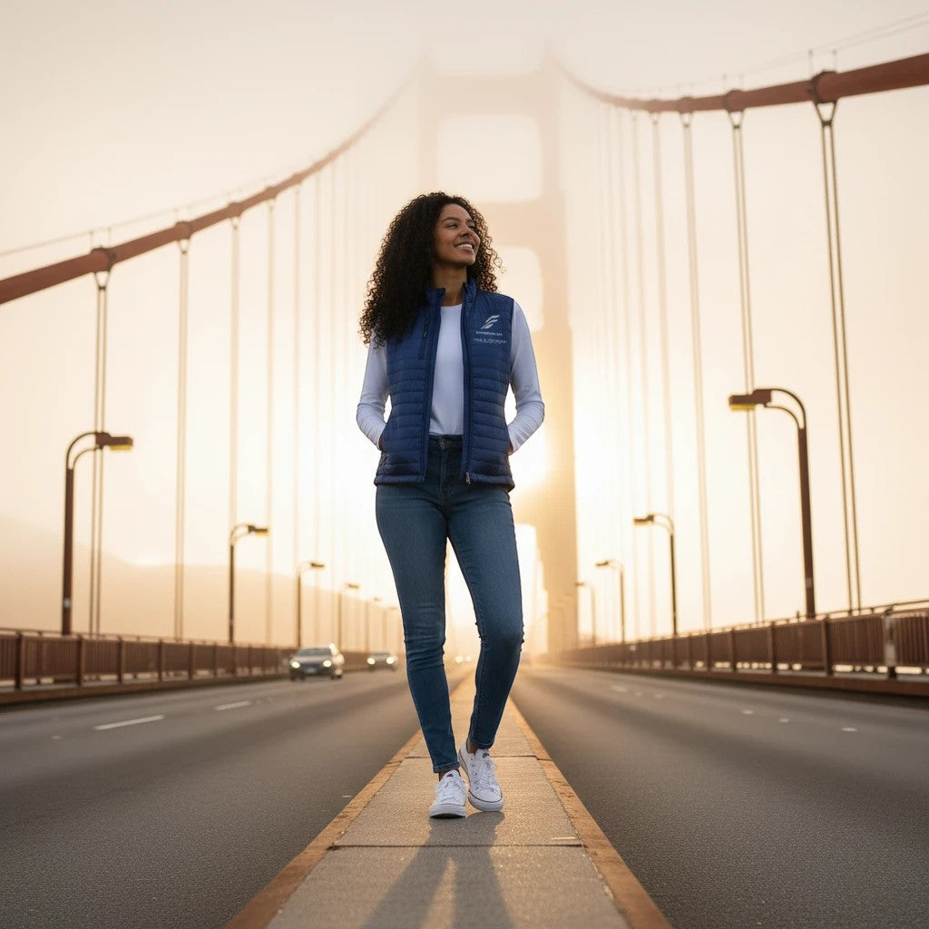 A woman wearing a blue Fog & Foundry quilted Marina Vest over a white long-sleeve shirt on the Golden Gate Bridge.