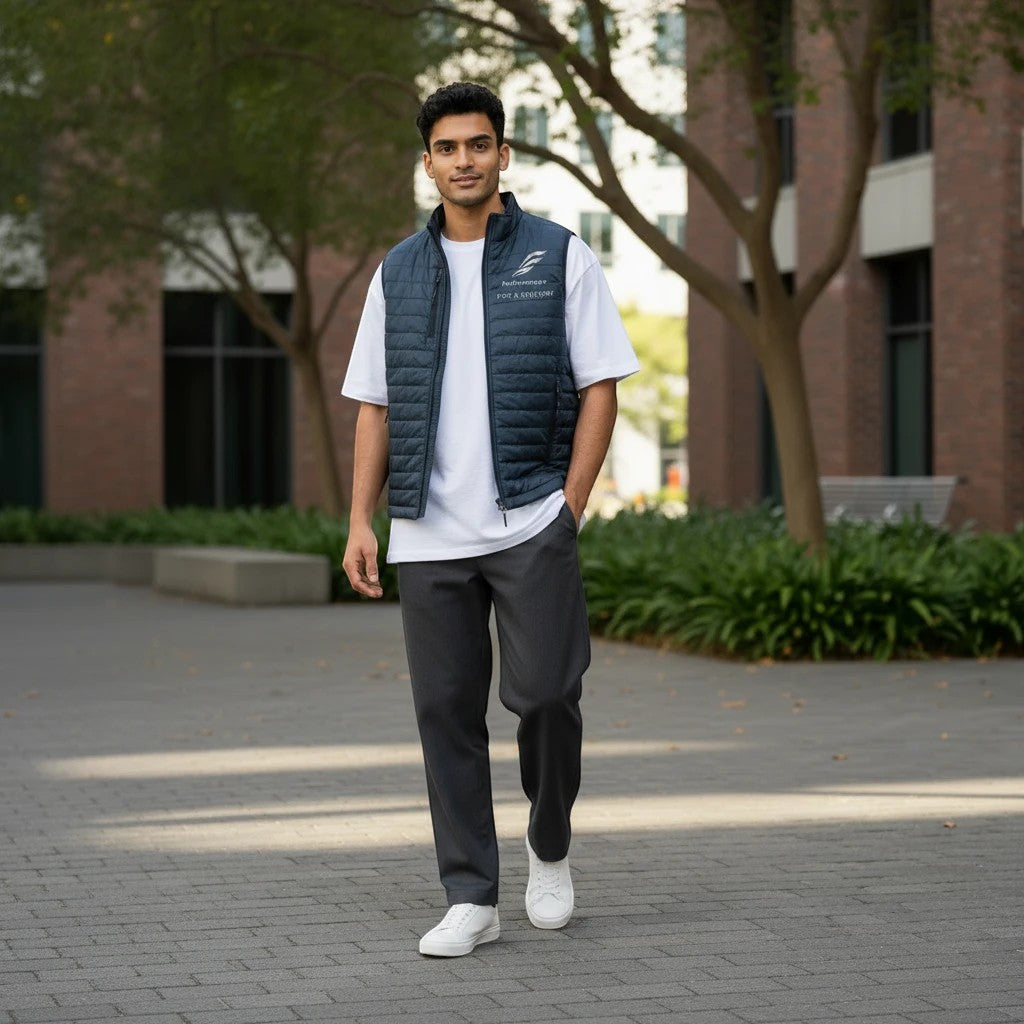 A man wearing a navy Fog & Foundry quilted Marina Vest over a white t-shirt and grey trousers in an urban setting.