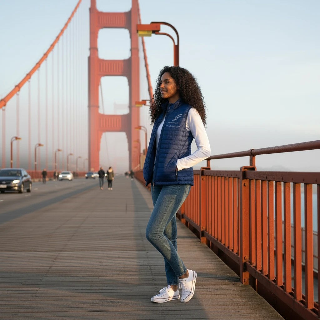 A woman wearing a Fog & Foundry navy quilted Marina Vest with a hummingbird logo on the Golden Gate Bridge.