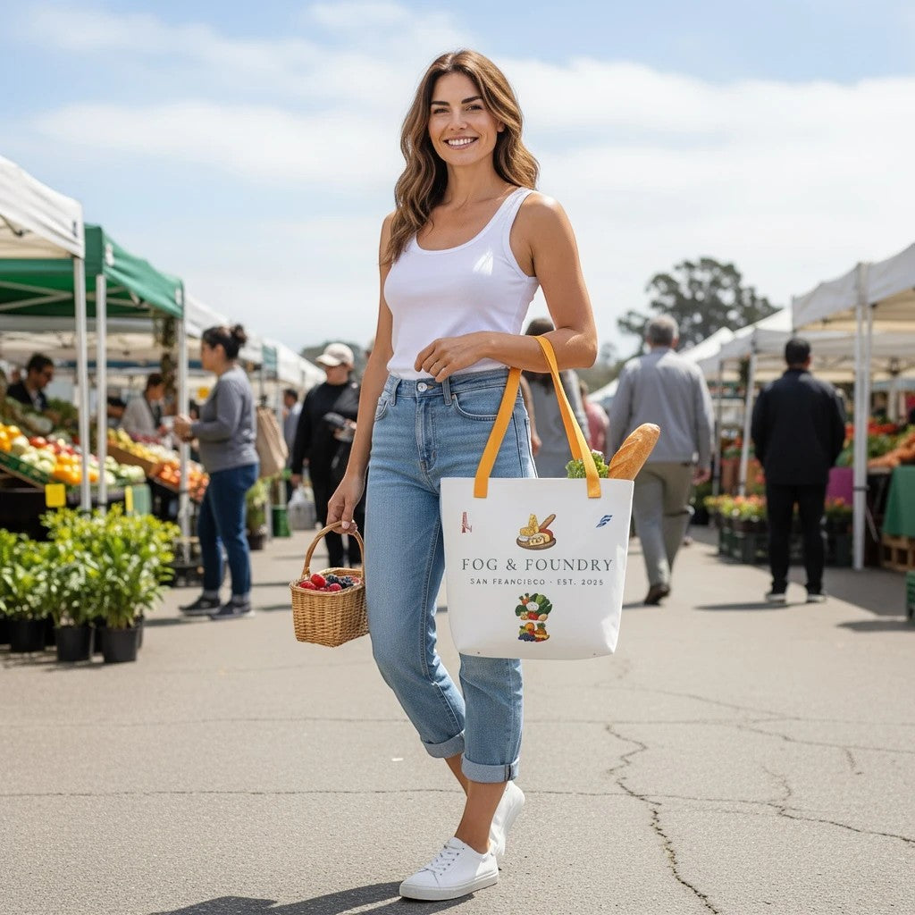 Woman carrying a white Fog & Foundry market tote bag with cotton handles at a sunny outdoor farmers market