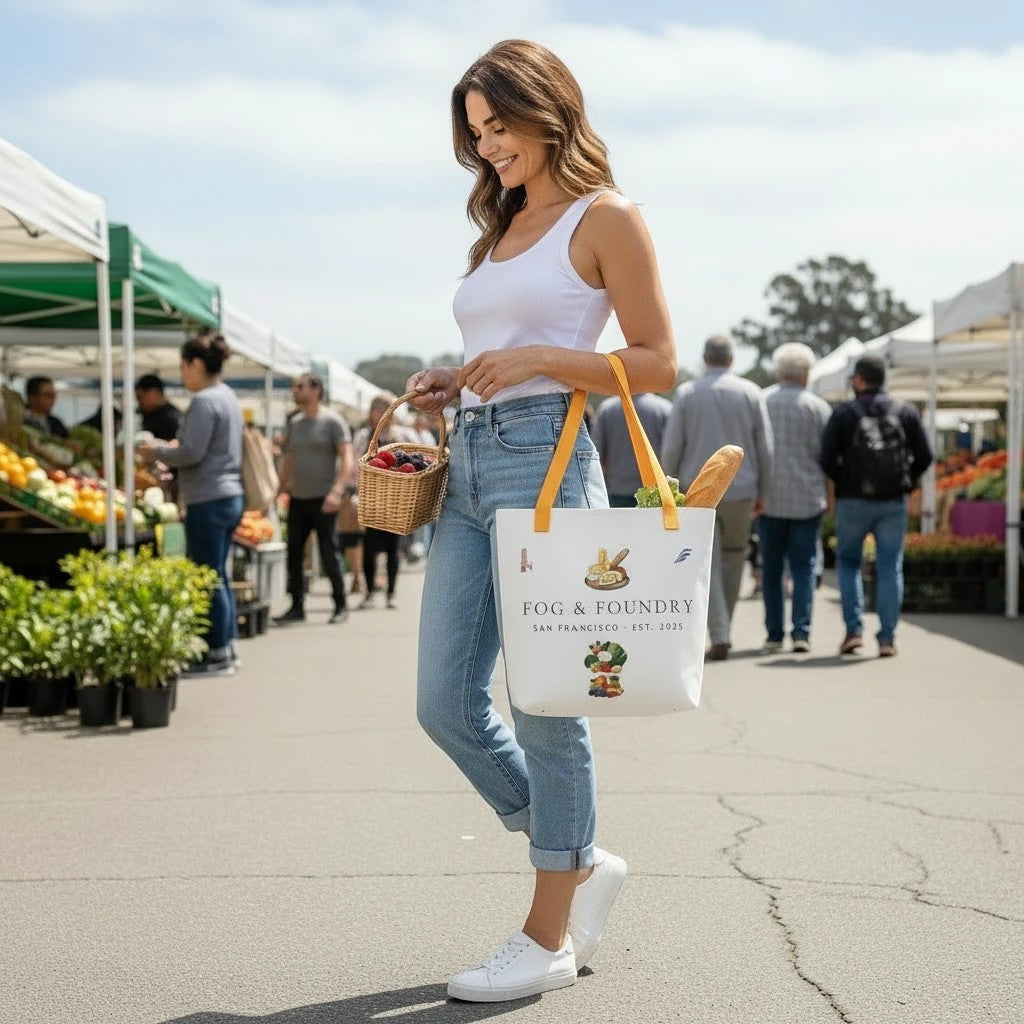 Woman carrying a white Fog & Foundry market tote bag with yellow cotton handles at a sunny outdoor farmers market.