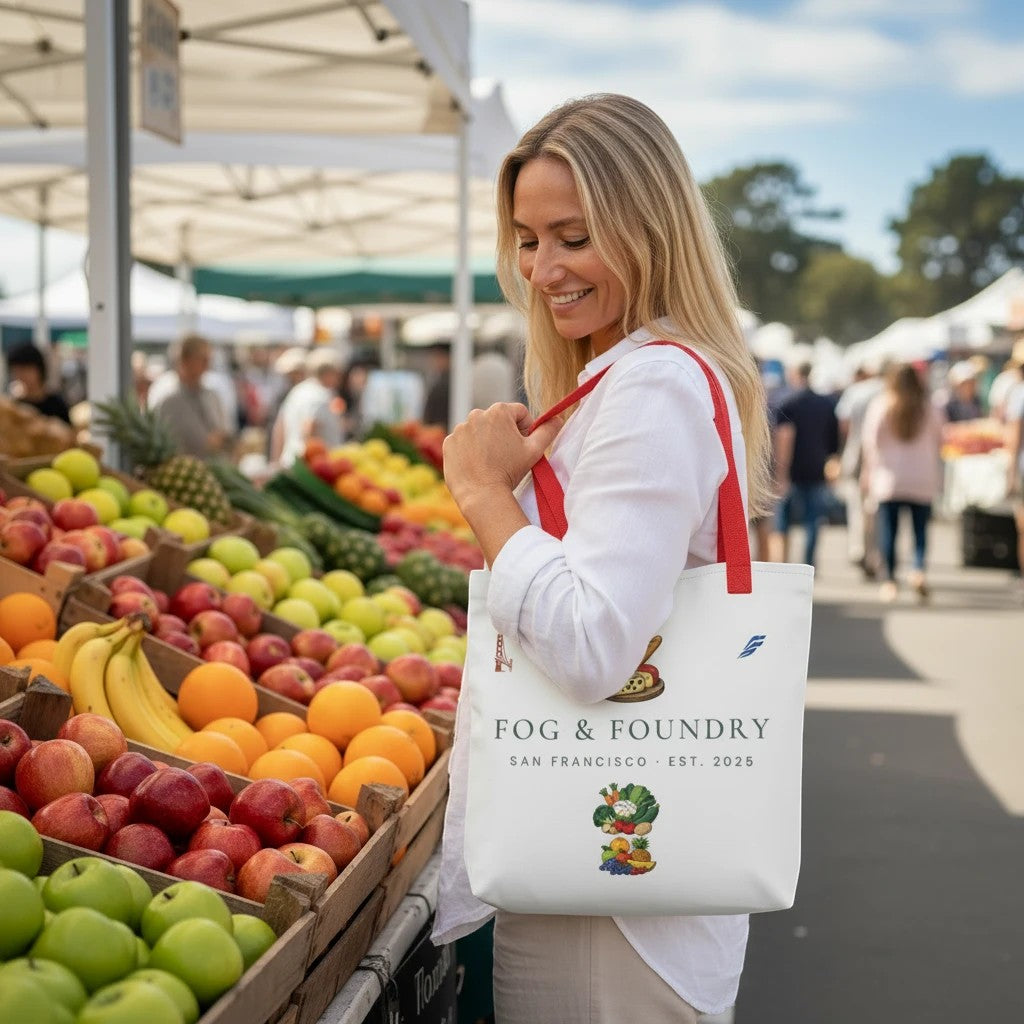 Woman carrying a white Fog & Foundry market tote bag with red handles while shopping for fresh produce at an outdoor market