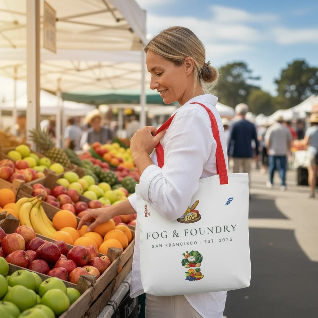A woman carrying a white Fog & Foundry market tote bag with red handles while shopping at a sunny outdoor produce market