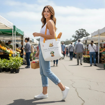 A woman carrying a Fog & Foundry white polyester market tote bag with cotton handles at a sunny outdoor farmers market.