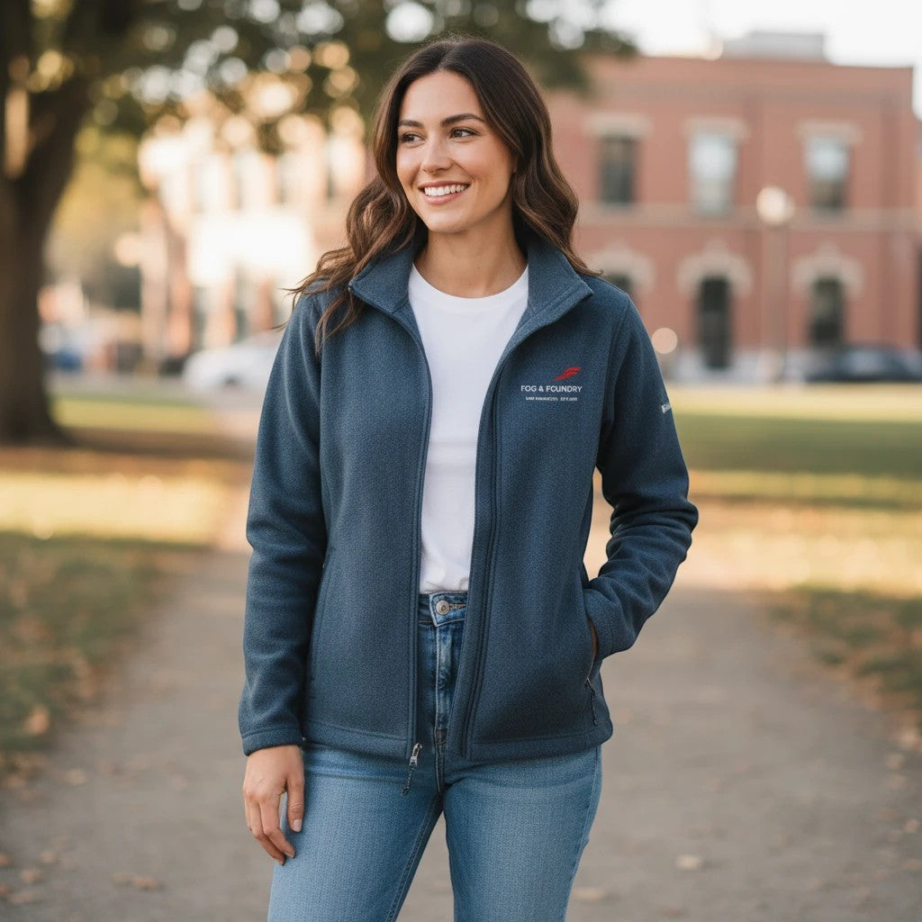 Woman wearing a Fog & Foundry navy blue fleece jacket with a full-zip front and logo, styled with jeans in a park.