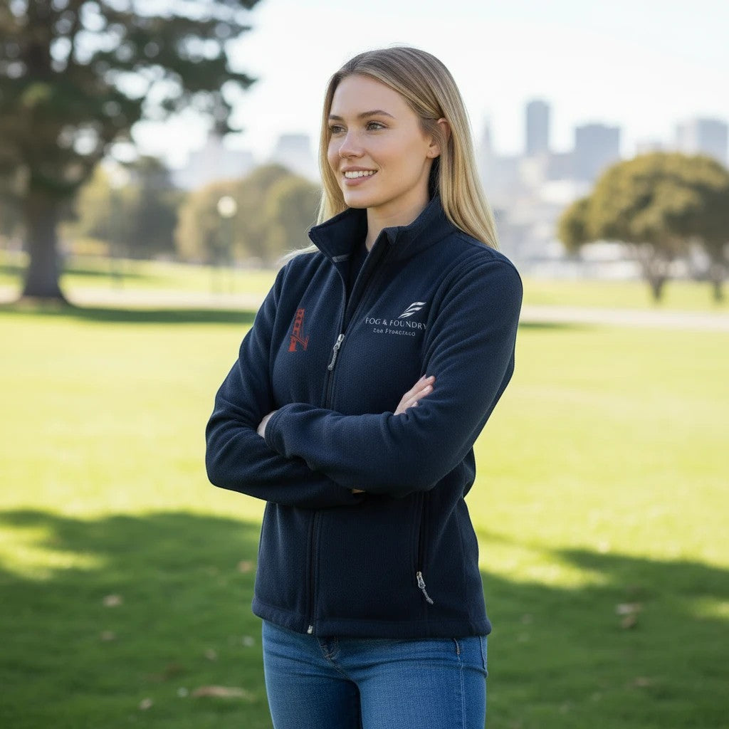Woman wearing a navy Fog & Foundry full-zip fleece jacket with a stand-up collar in a park setting.
