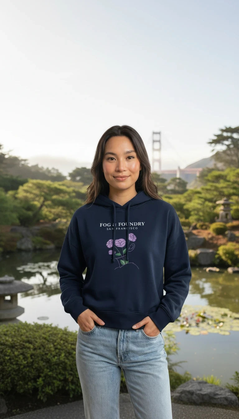 Woman wearing a navy Fog & Foundry organic cotton mid-length hoodie with a floral graphic in a park setting.