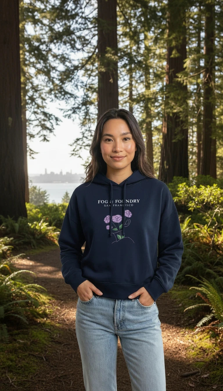 Woman wearing a navy Fog & Foundry organic cotton mid-length hoodie with a floral graphic in a redwood forest setting.