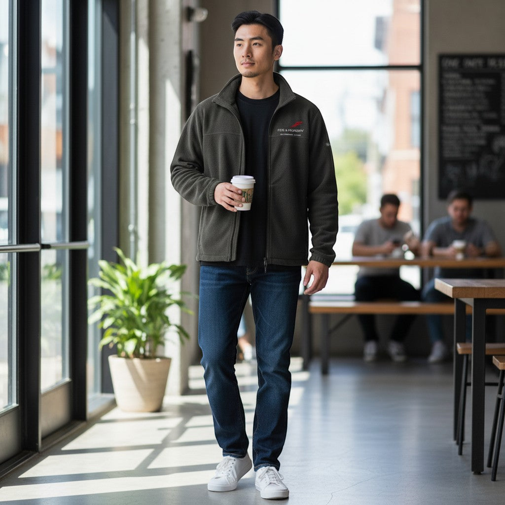 Man wearing a Fog & Foundry olive green fleece jacket with a full-zip front and collar, styled with jeans in a cafe.