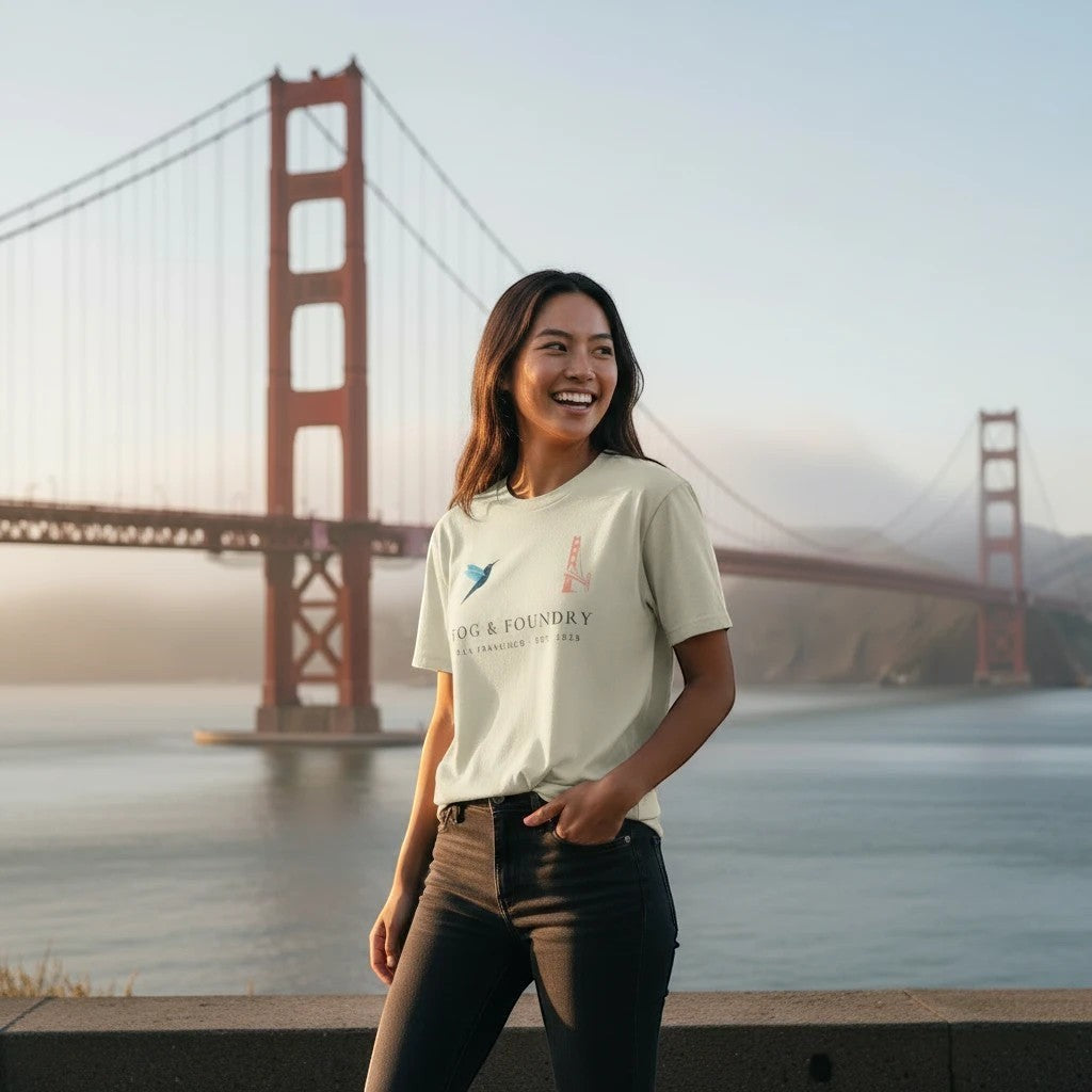 Woman wearing a Fog & Foundry organic cotton t-shirt with a graphic print, standing before the Golden Gate Bridge.