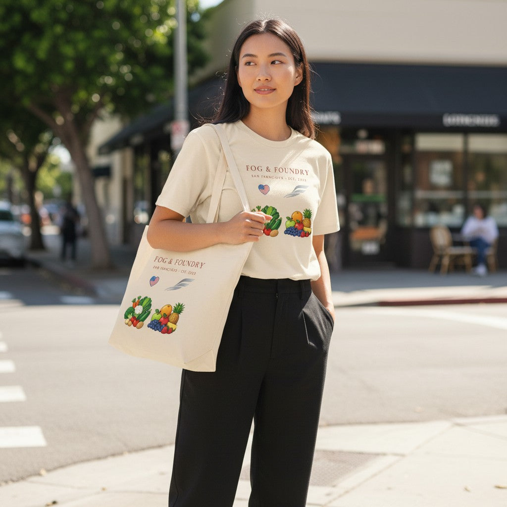 Fog & Foundry organic cotton tote bag in cream with fruit graphic, worn by a woman on a city street.