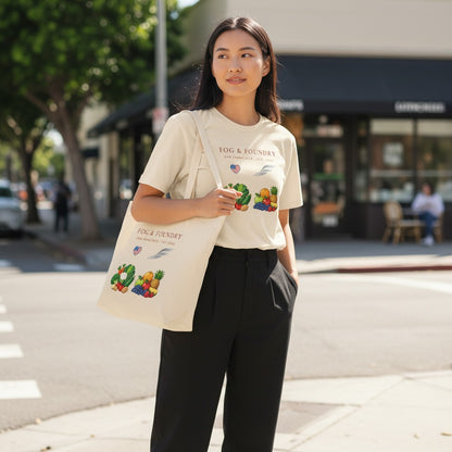 Fog & Foundry organic cotton tote bag in cream with fruit graphic, worn by a woman on a city street.