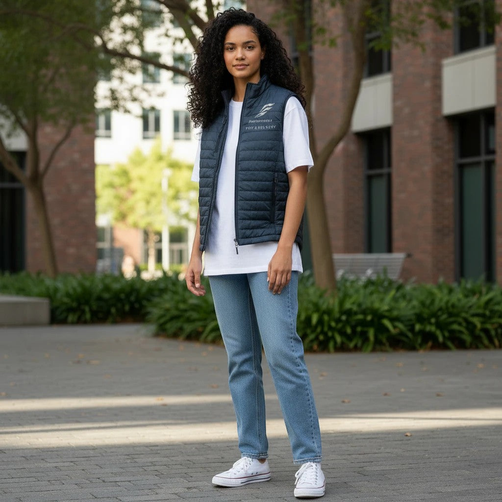 A woman wearing a Fog & Foundry quilted navy marina vest over a white t-shirt and blue jeans in an urban setting.