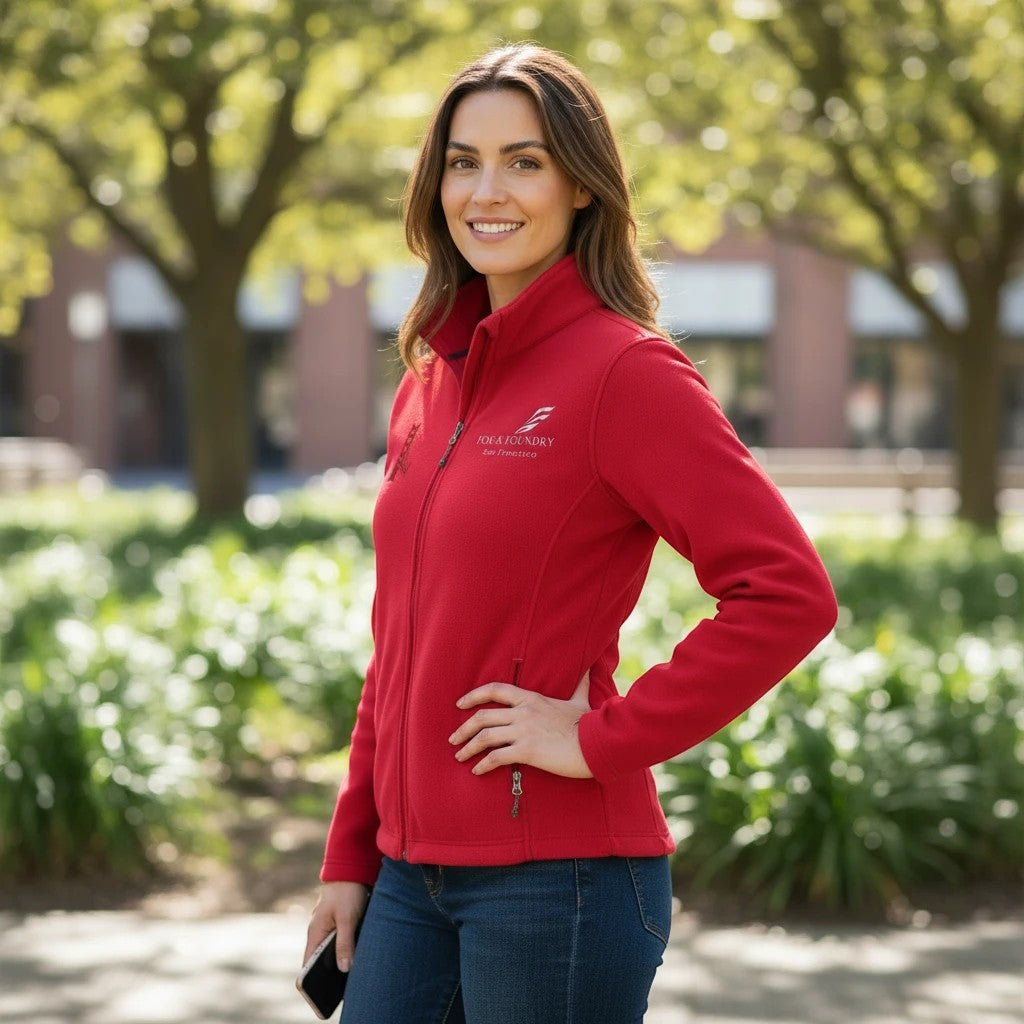 A woman wearing a red Fog & Foundry full-zip fleece jacket with a stand-up collar and zippered pockets outdoors.