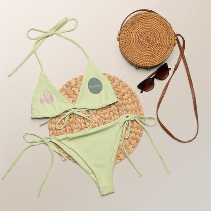 Fog & Foundry sage mist recycled string bikini set with panda graphic, removable padding, and adjustable tie straps.