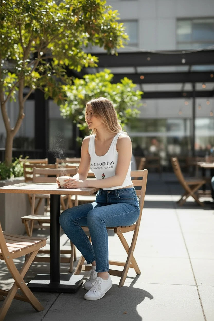 Woman wearing a white Fog & Foundry heavyweight cotton crop top and blue jeans while sitting at an outdoor cafe.
