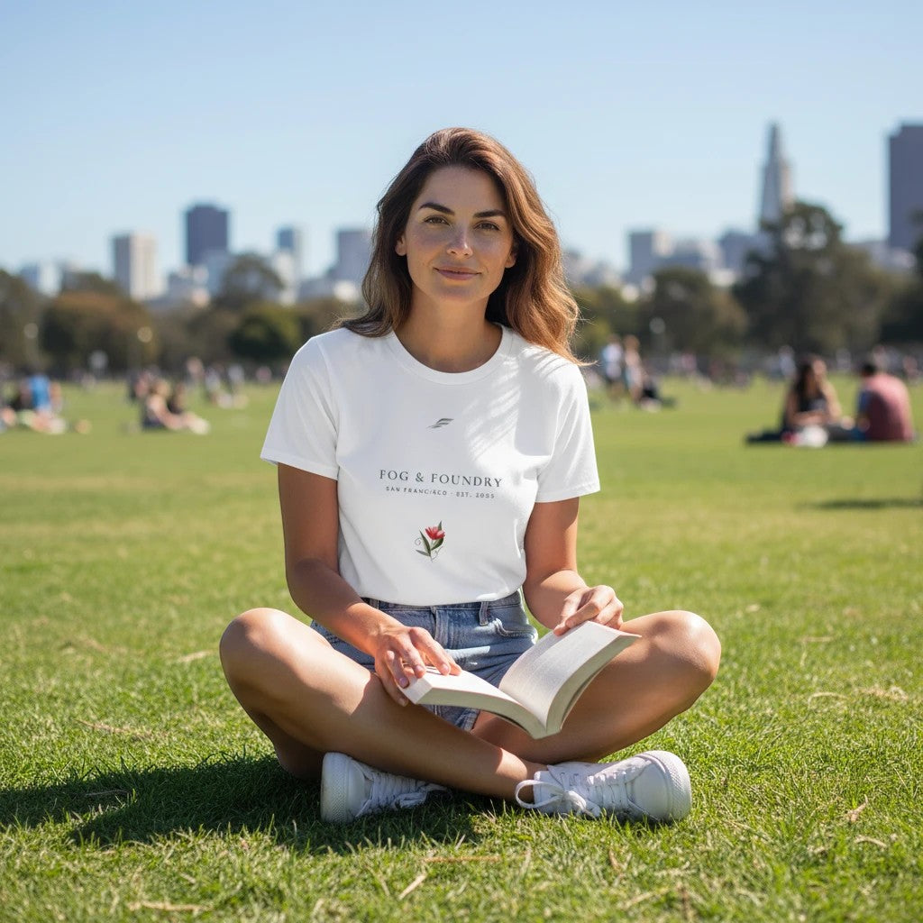 Woman sitting on grass in a park wearing a white Fog & Foundry crop tee with a hand-drawn bloom and wordmark print.