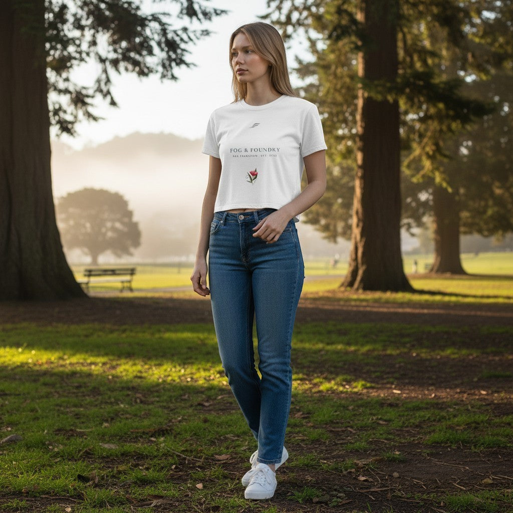 Model wearing a white Fog & Foundry crop tee with a hand-drawn bloom graphic in a misty park setting.