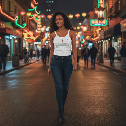 Woman wearing a white Fog & Foundry micro-rib scoop neck tank top with dark jeans walking on a city street at night.