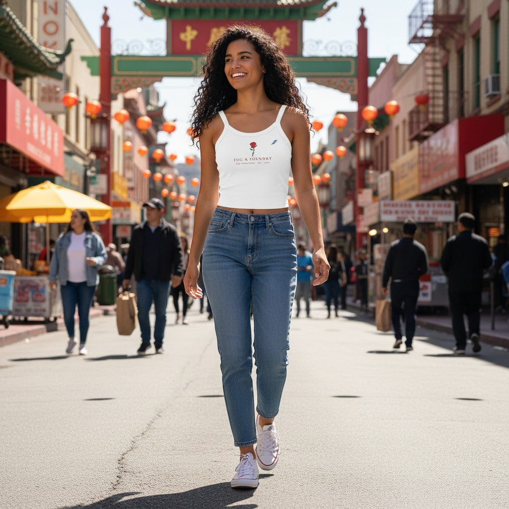 Woman wearing a white Fog & Foundry micro-rib scoop neck tank top with thick straps and jeans in a city street.