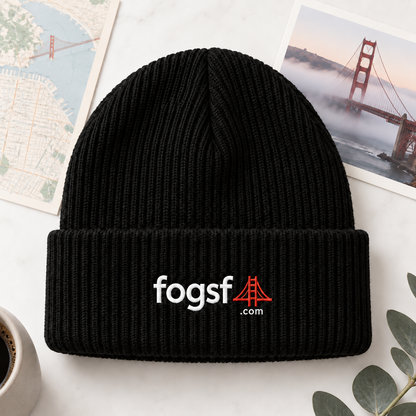 FogSF black beanie flatlay with .com beneath red bridge