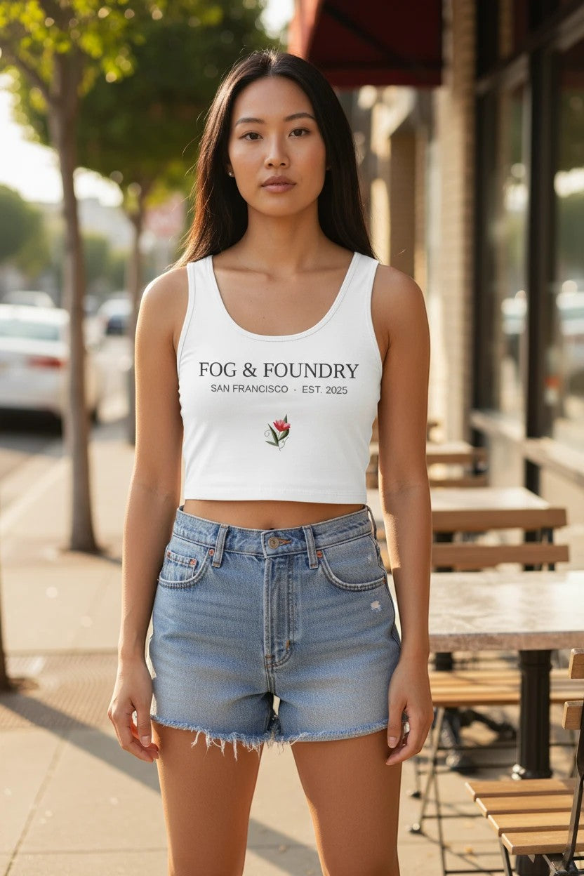 Heavyweight cotton crop top by Fog & Foundry, form-fitting stretch fabric, shown in natural light with a close-up of the textured material.