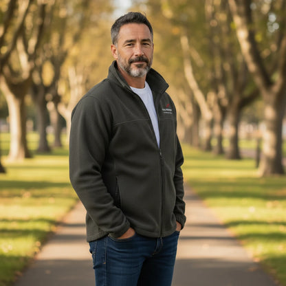 Red Columbia fleece jacket with Fog & Foundry embroidery logo, featuring a cozy fleece fabric and detailed embroidery on the chest.