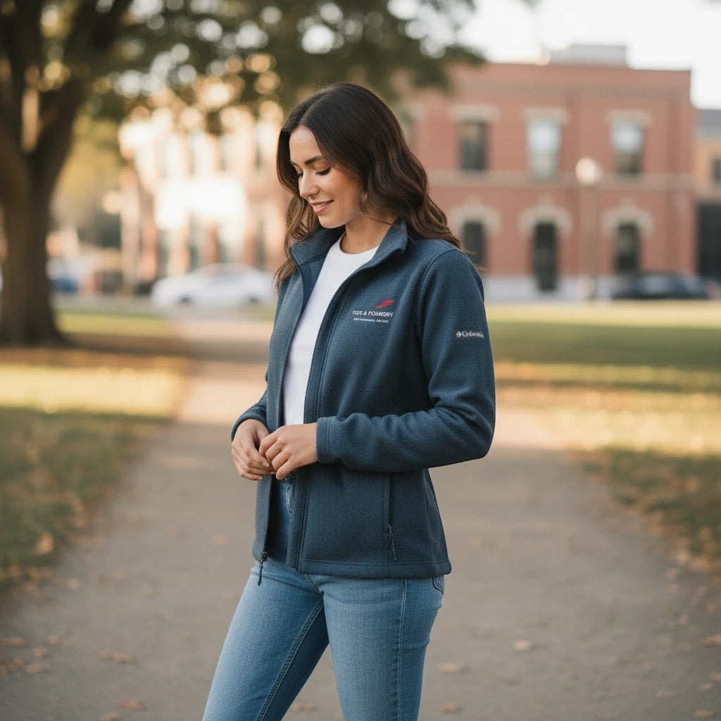 Red Columbia fleece jacket with Fog & Foundry embroidered logo, showcasing the textured fleece fabric and detailed embroidery.