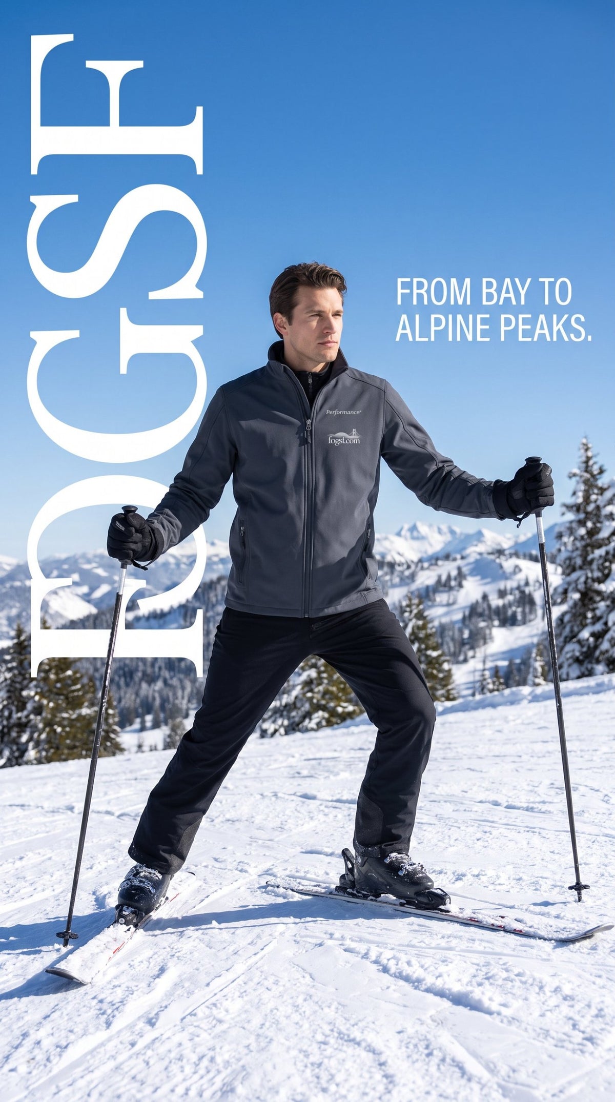Man skiing in the FOGSF Golden Gate Soft Shell Jacket on an alpine slope