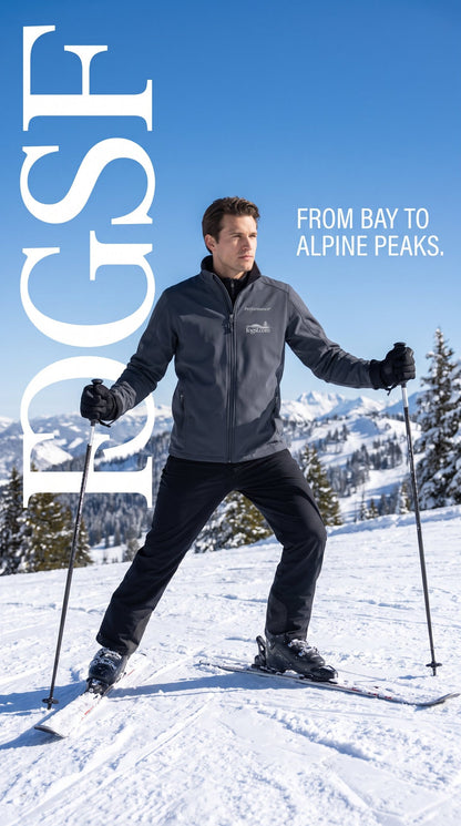 Man skiing in the FOGSF Golden Gate Soft Shell Jacket on an alpine slope
