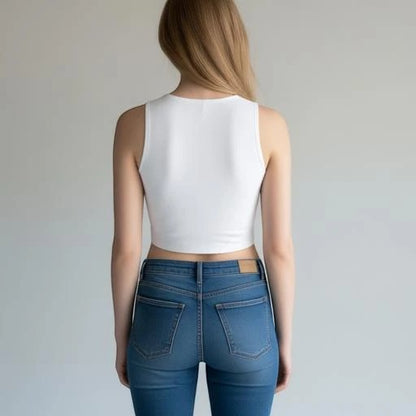Heavyweight cotton crop top by Fog & Foundry, form-fitting stretch fabric, showing the fitted design and textured fabric details.