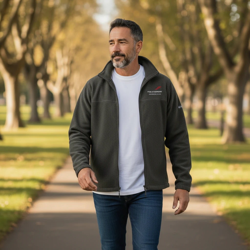 Red Columbia fleece jacket with Fog & Foundry embroidered logo, showcasing soft fleece fabric and detailed embroidery.