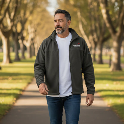 Red Columbia fleece jacket with Fog & Foundry embroidered logo, showcasing soft fleece fabric and detailed embroidery.